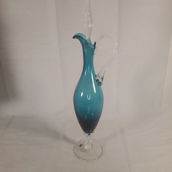 Vintage MCM Italy Empoli Turquoise Blue 14” Ewer Decanter Chipped Stopper RARE - Picture 7 of 16